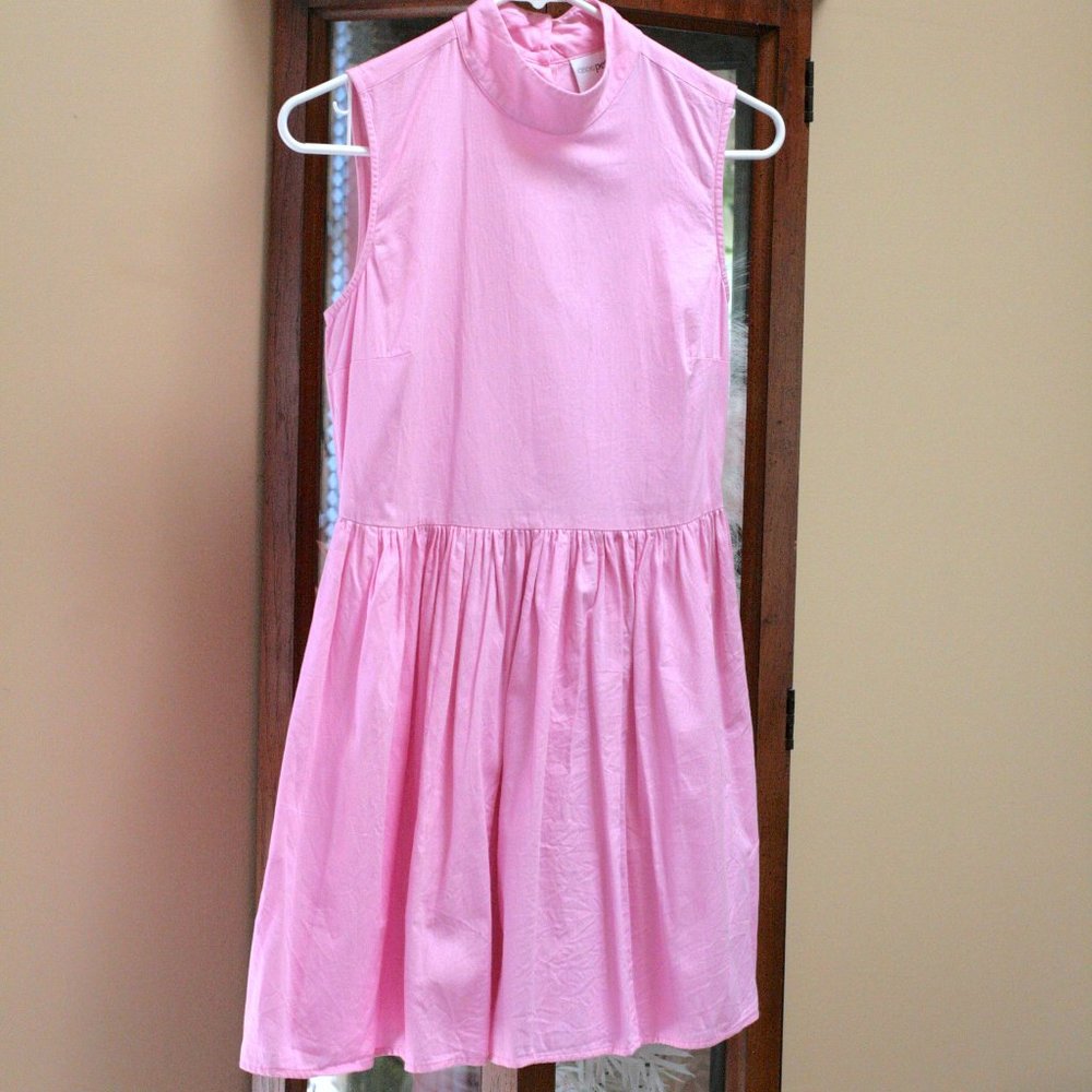 ASOS Bubblegum Pink Barbiecore mini dress button up back collar lightweight 60s